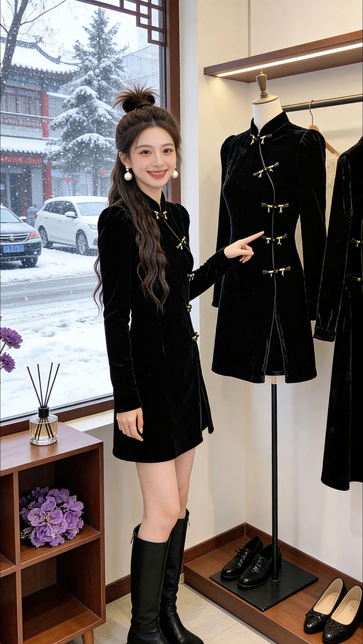 降温后的周末，Danny逛街时一眼看中这条新中式丝绒裙。立领设计配金色盘扣，复古