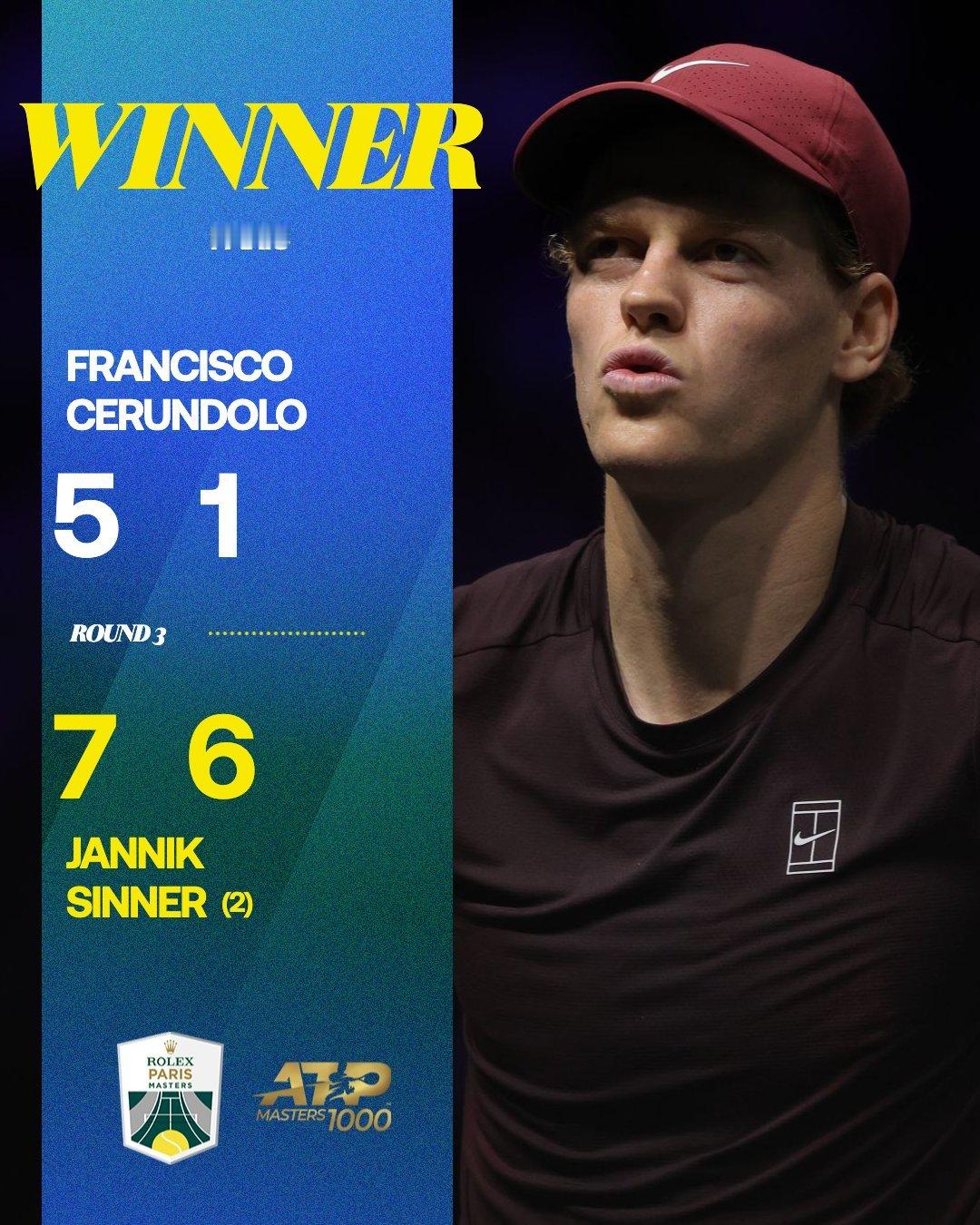 辛纳7-5、6-1击败F·塞伦多罗，达成大师赛全八强成就！梅总3-6、7-6、6