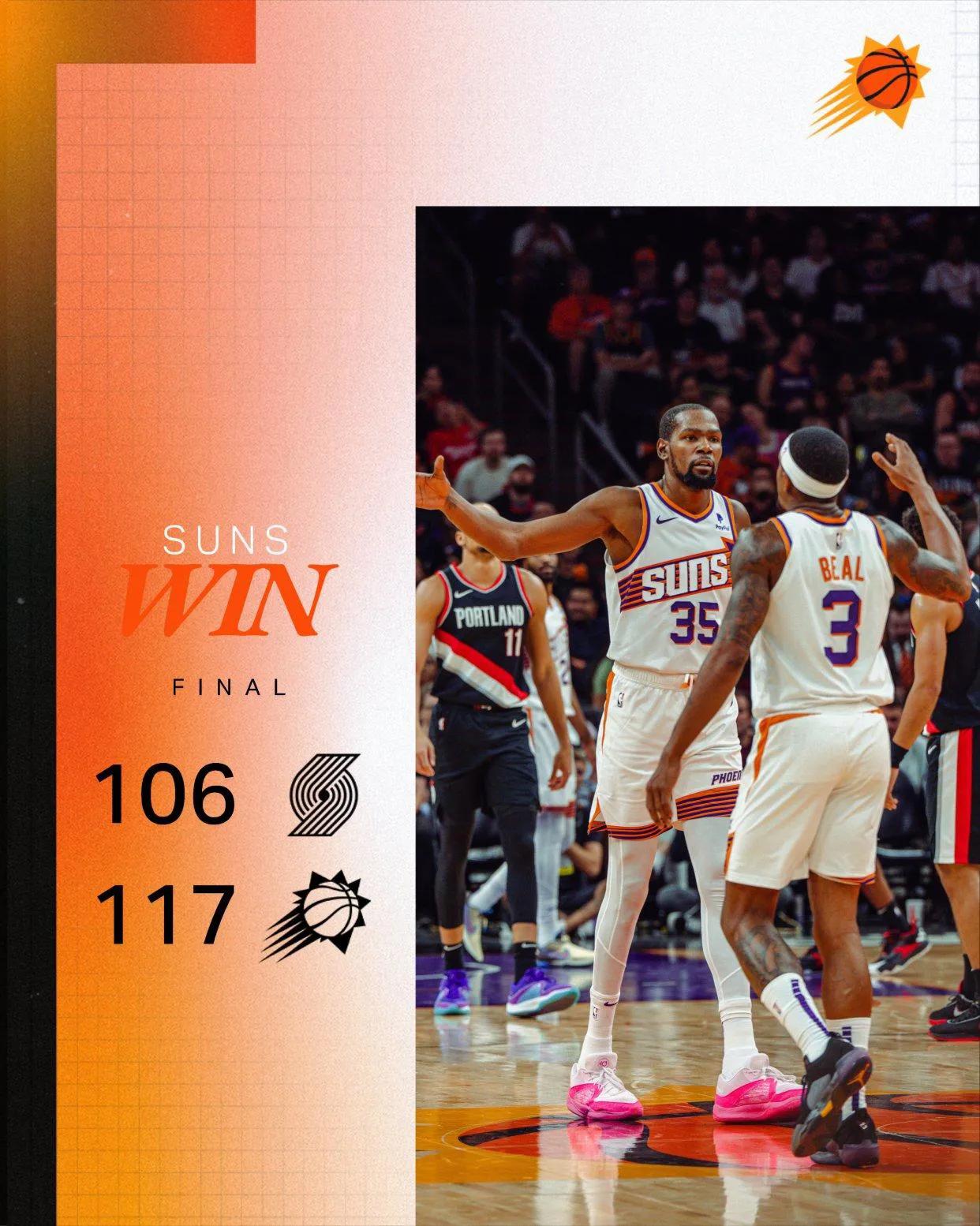 NBA季前赛太阳主场对阵开拓者的比赛中，开拓者104-117太阳！布克19分4助