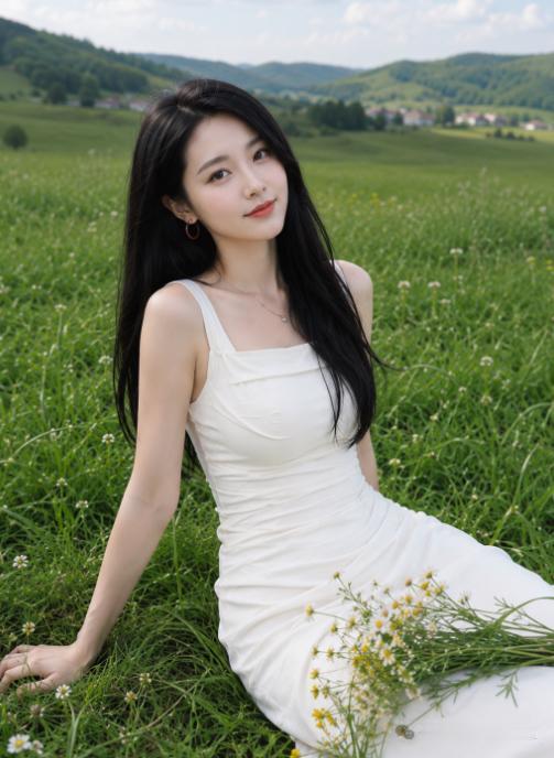 白衣佳人倚，绿草如茵。