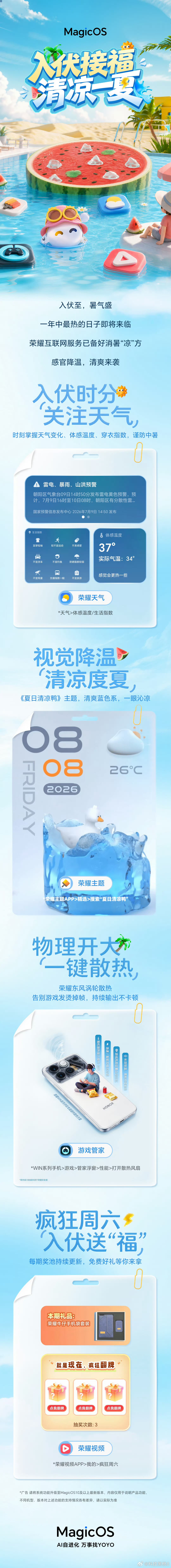 MagicOS月月新荣耀主题现在已经入伏天气酷热，手机能实时查看气温，提醒大家做