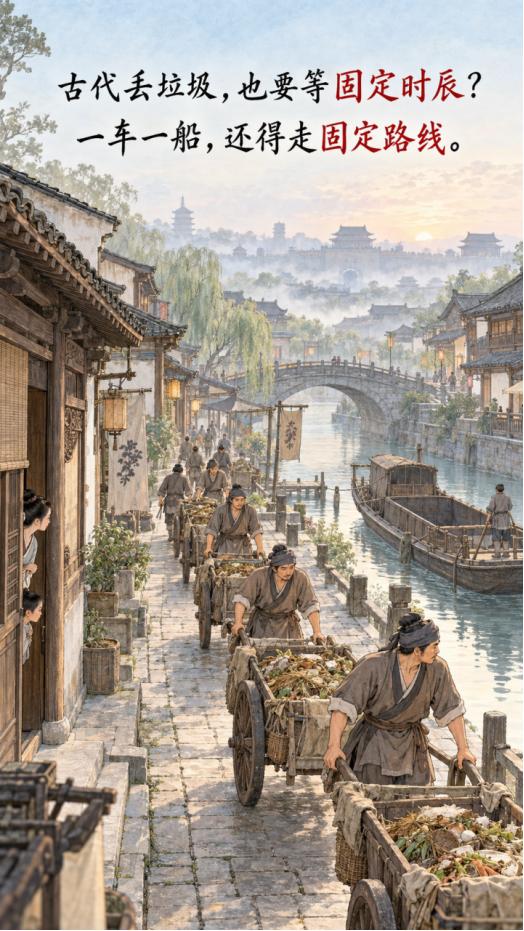 古代丢垃圾竟有固定外运时间与路线？
 
宋代临安由街道司统筹环卫，每日清晨，清运
