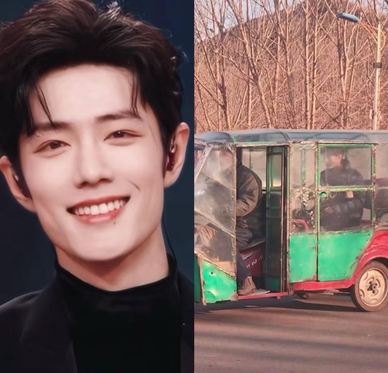 谁这么有才，
居然拍到了肖战坐三蹦子里了，
话说挡风塑料布也遮不住人的星光和帅气