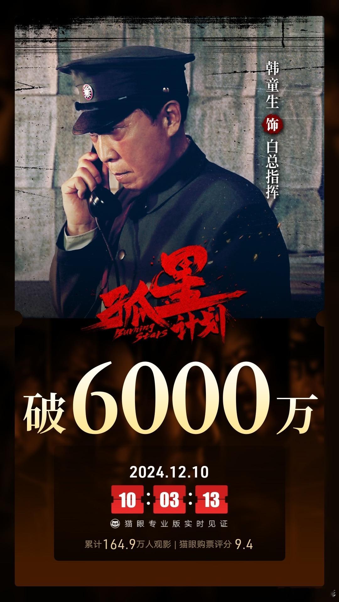 电影孤星计划  上映4天，总票房破6000万猫眼购票评分9.4分 
