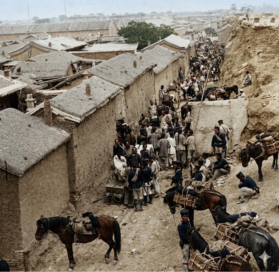 1900年，八国联军侵华期间，日军攻入天津城后，日军士兵在狭窄的街巷中活动，牵着
