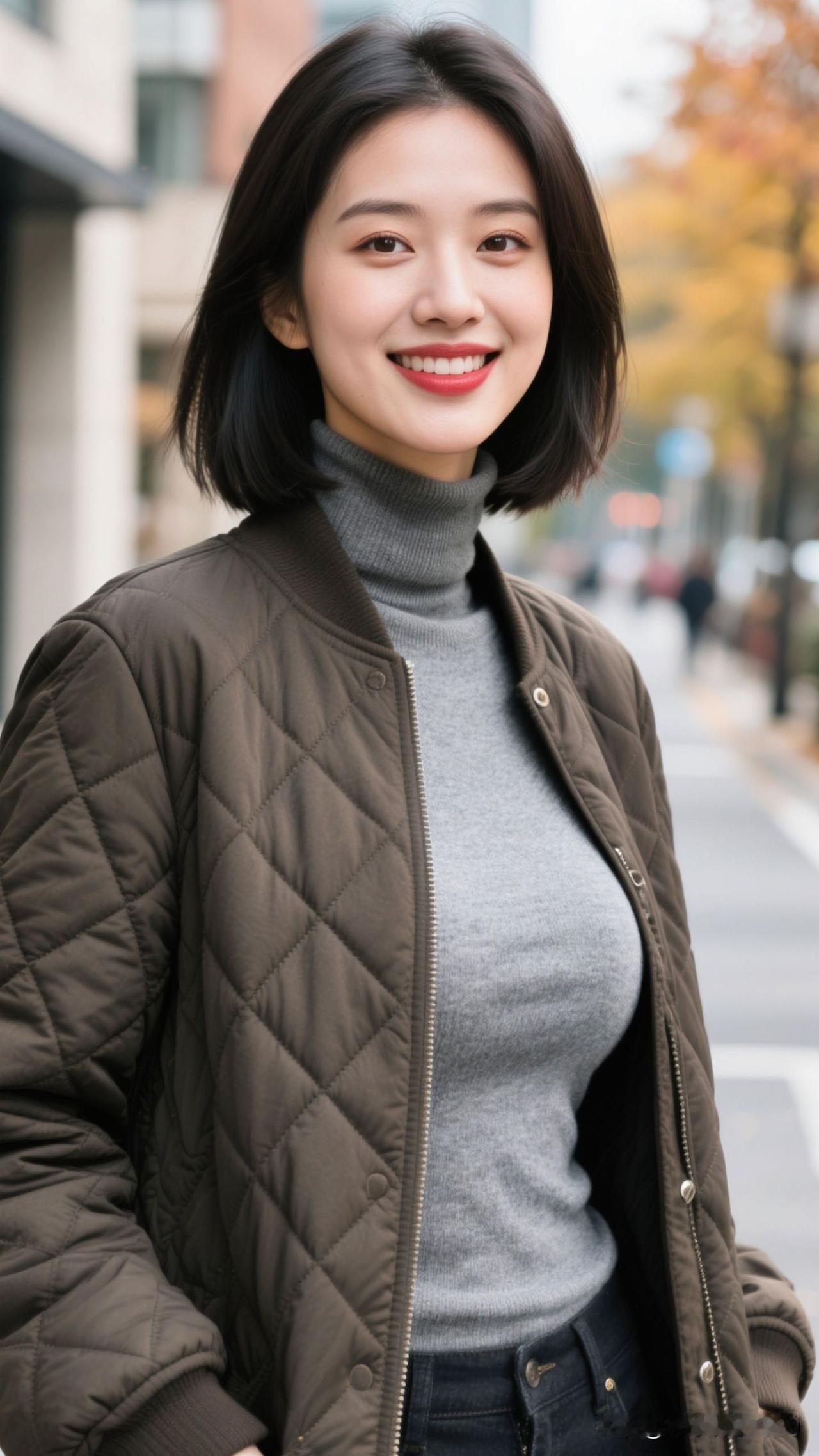 🍂秋光把暖棕揉进衣褶，高领毛衣藏着风的软，她一笑，整个季节都浸着治愈的甜。温柔