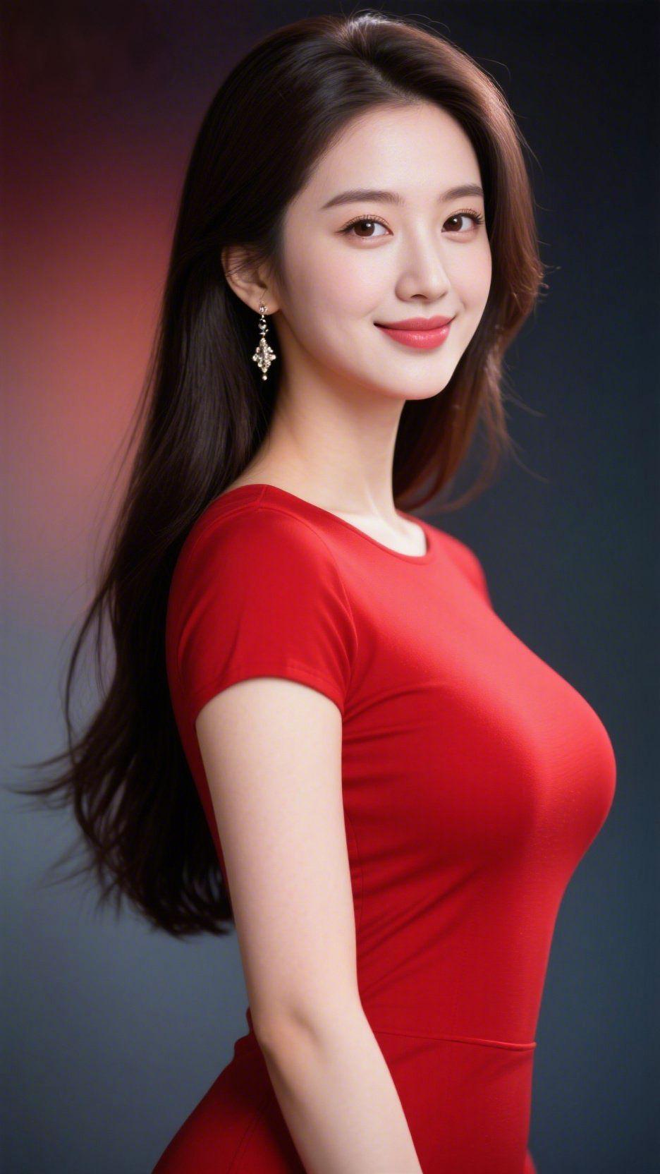 《红衣浸暖光》
 
暖调的晕染漫过背景，她立在那里时，一身红衣像把晚霞的柔热融作