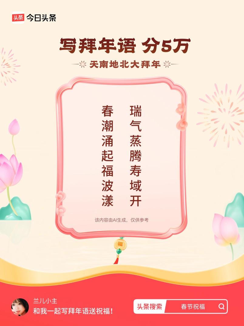 写拜年语送祝福新春拜年送祝福！我的祝福是：“春潮涌起福波漾，瑞气蒸腾寿域开”！快