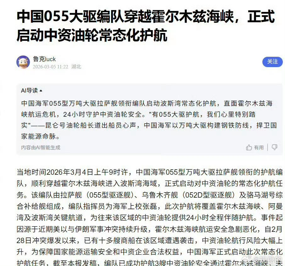 中国055大驱编队穿越霍尔木兹海峡假的！造谣的不怕吃牢饭嘛！