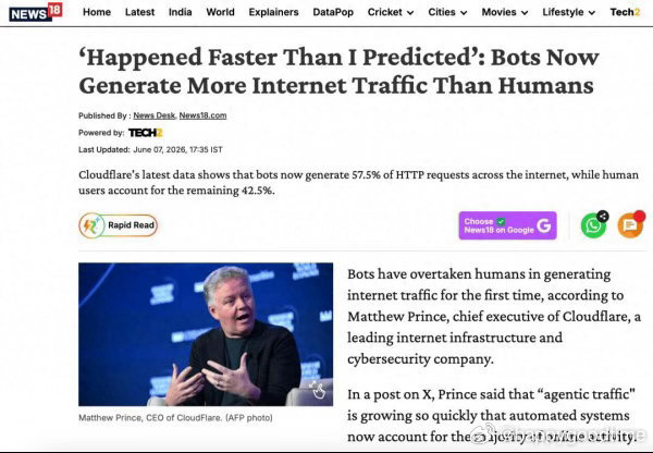 Cloudflare Radar数据显示，全球网站HTTP请求中机器人流量已占5