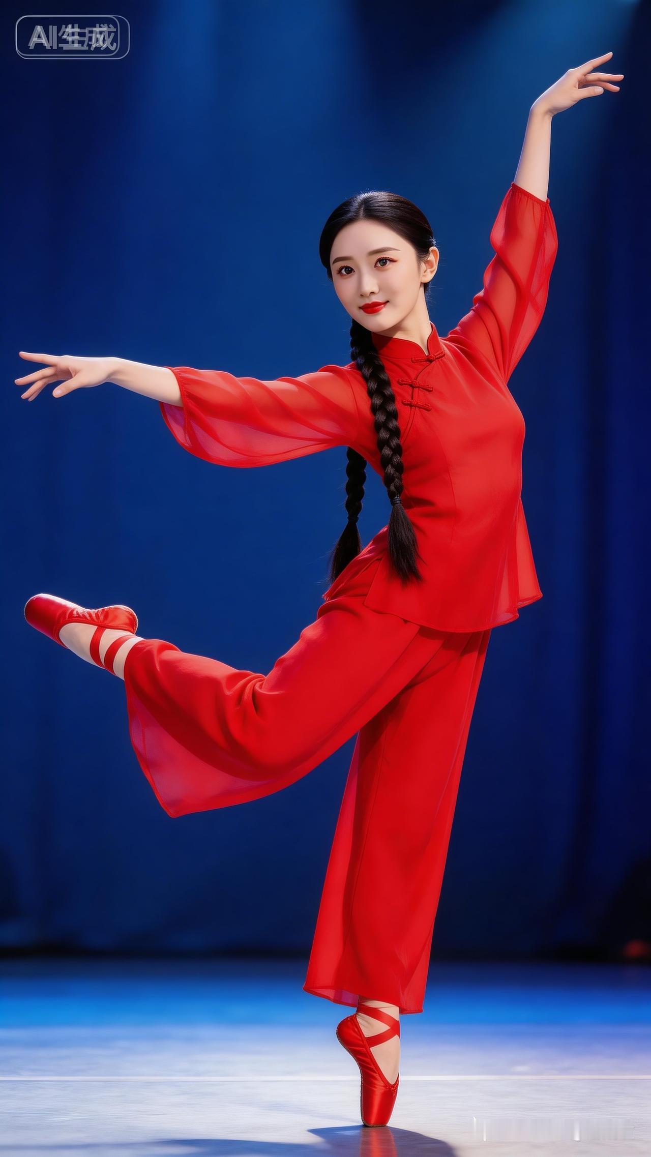 蓝色舞台上，舞者梳长辫子，身着有坠感红色雪纺中式服饰、同色系阔腿裤与舞鞋，演绎喜