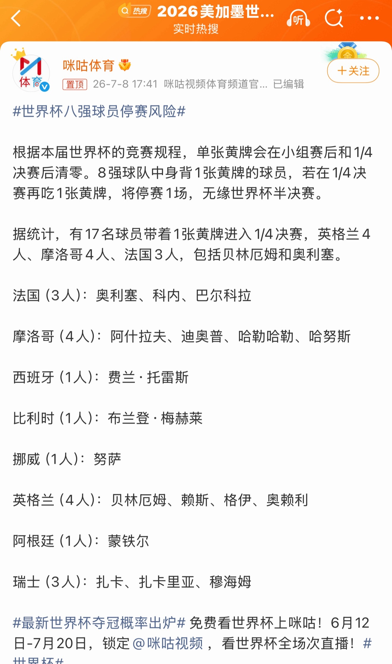 世界杯八强球员停赛风险这不是在搞笑？奥利塞、赖斯、贝林如果真禁了，法国和英格兰还