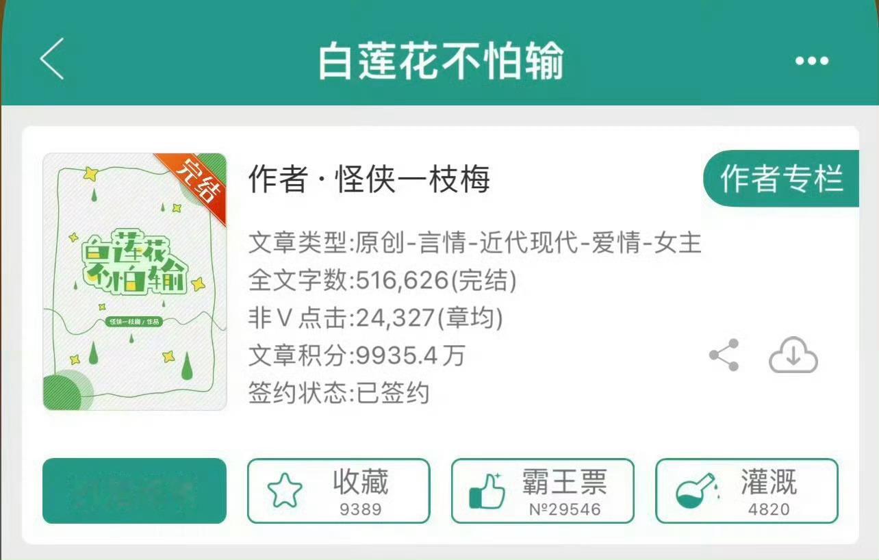 小说推荐：《白莲花不怕输》 作者:怪侠一枝梅简评：心机拜金女主vs高冷自律总裁，