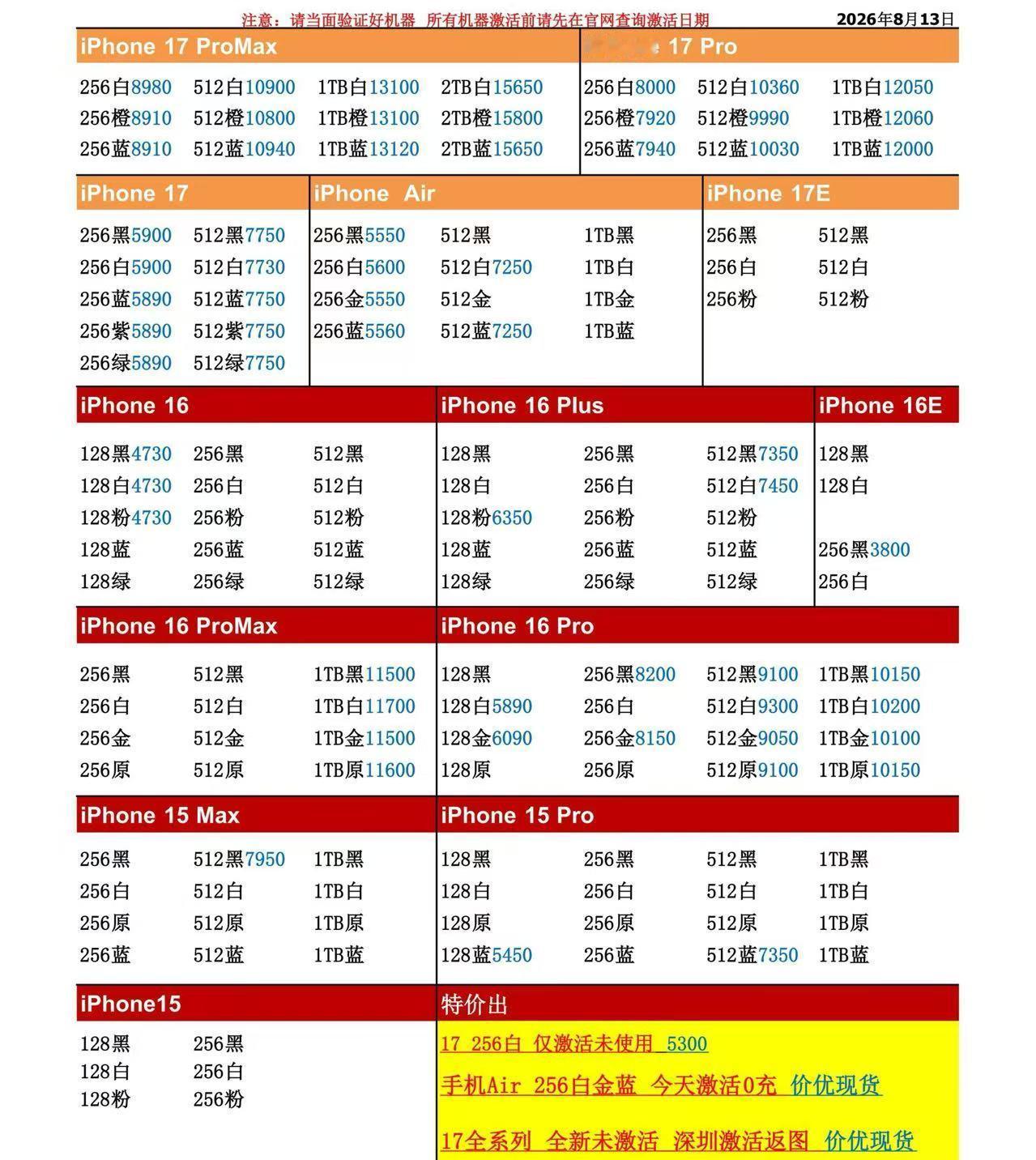 26年8月13日国行苹果手机系列价格更新，今天的17系列又是多数型号小跌，Pro