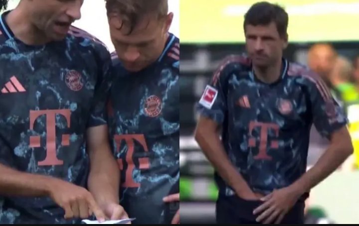 德甲首轮比赛，拜仁客场3-2险胜沃尔夫斯堡，替补登场的穆勒从裤裆掏出主帅孔帕尼的