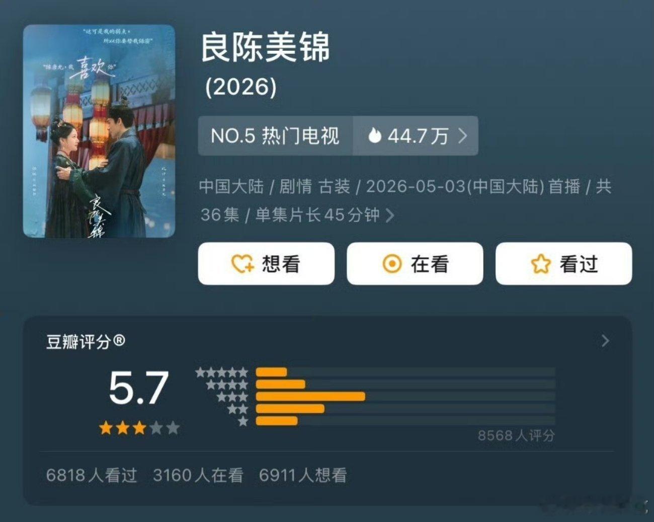 任敏、此沙的良陈美锦 豆瓣评分开分5.7分，剧扑+口碑稀烂。选角就很不尊重古偶观