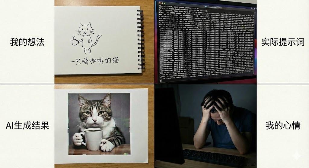 AI时代前：我不会画画，好痛苦。AI出现后：我不会写那一整页密密麻麻像咒语一样的