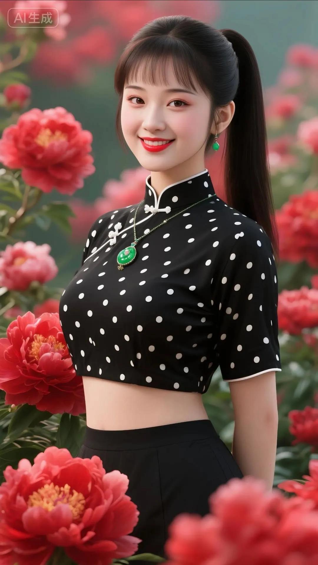 黑白色调旗袍，搭配绿宝石耳环，红艳背景花海，尽显东方韵味！