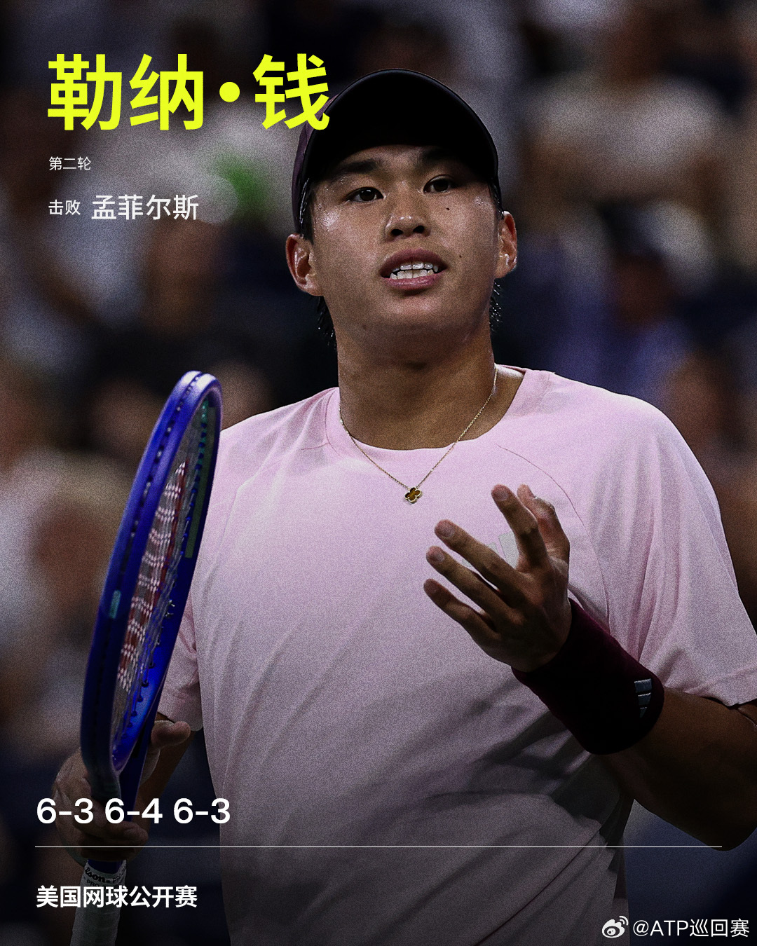 勒纳·钱淘汰孟菲尔斯美网2026 男单第二轮，14号种子勒纳·钱以6-3 6-4