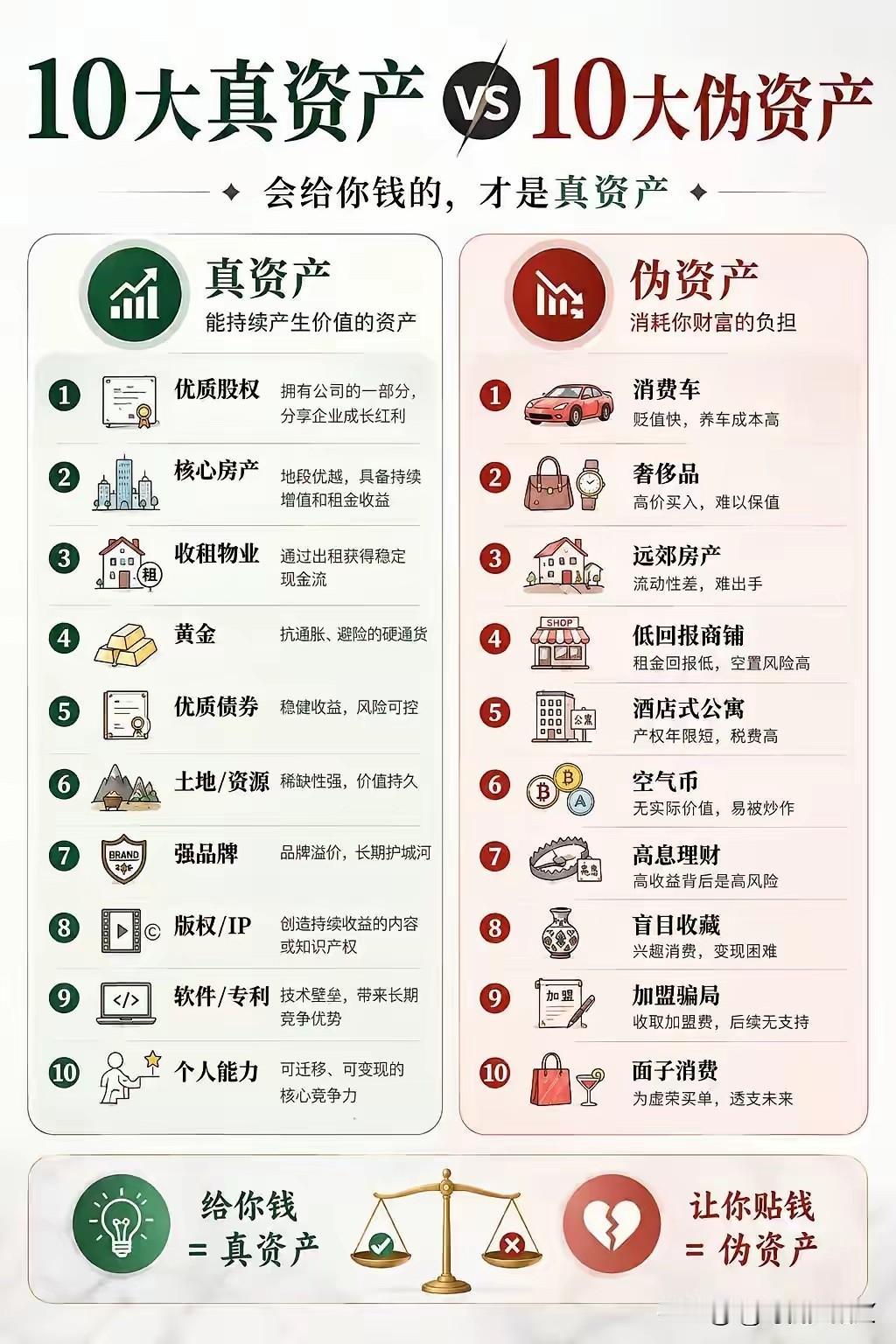 十大真资产与十大伪资产，说的很有道理：
十大真资产：
1、优质股权；
2、核心房