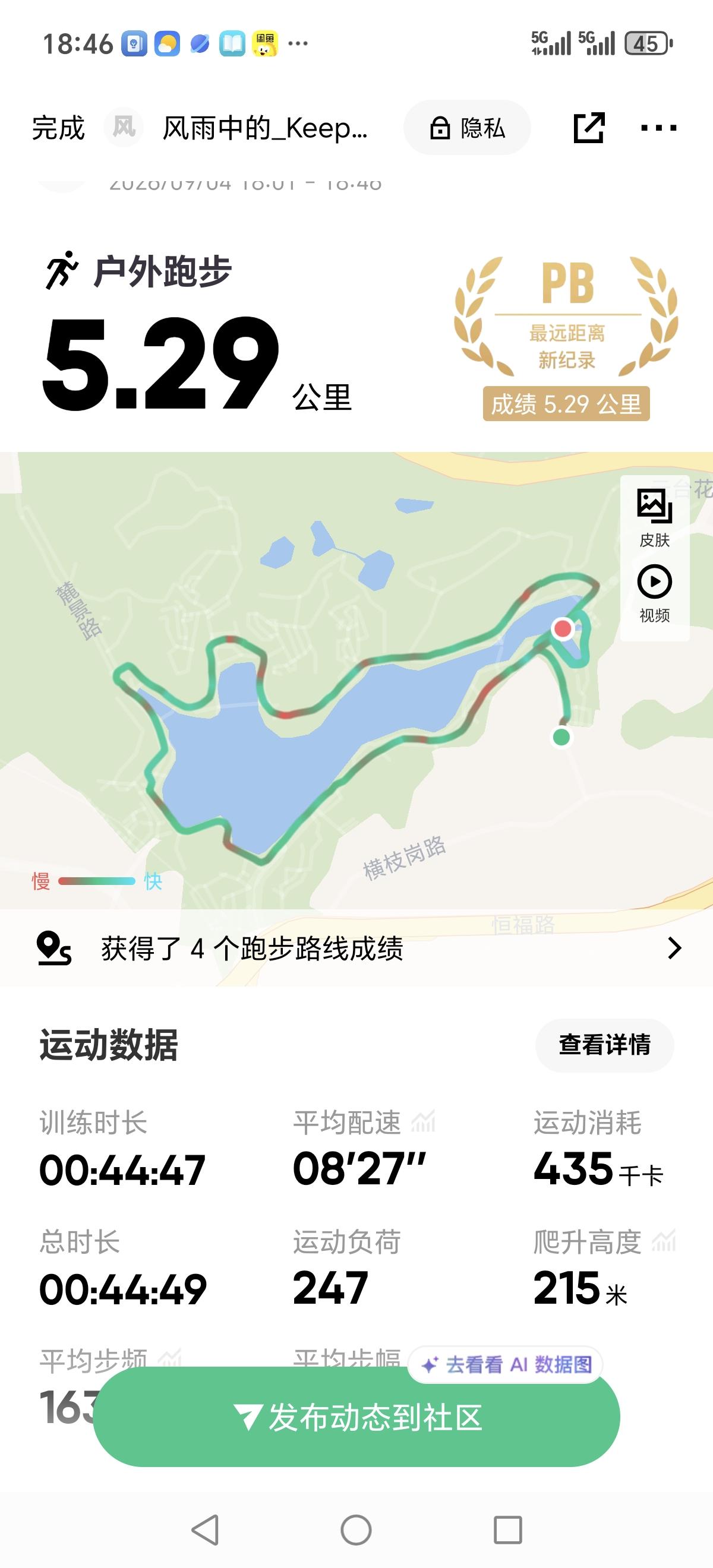 下班了，没有直接回家，而是去顺着麓湖跑了一圈。总共跑下来，有5.29公里，配速8