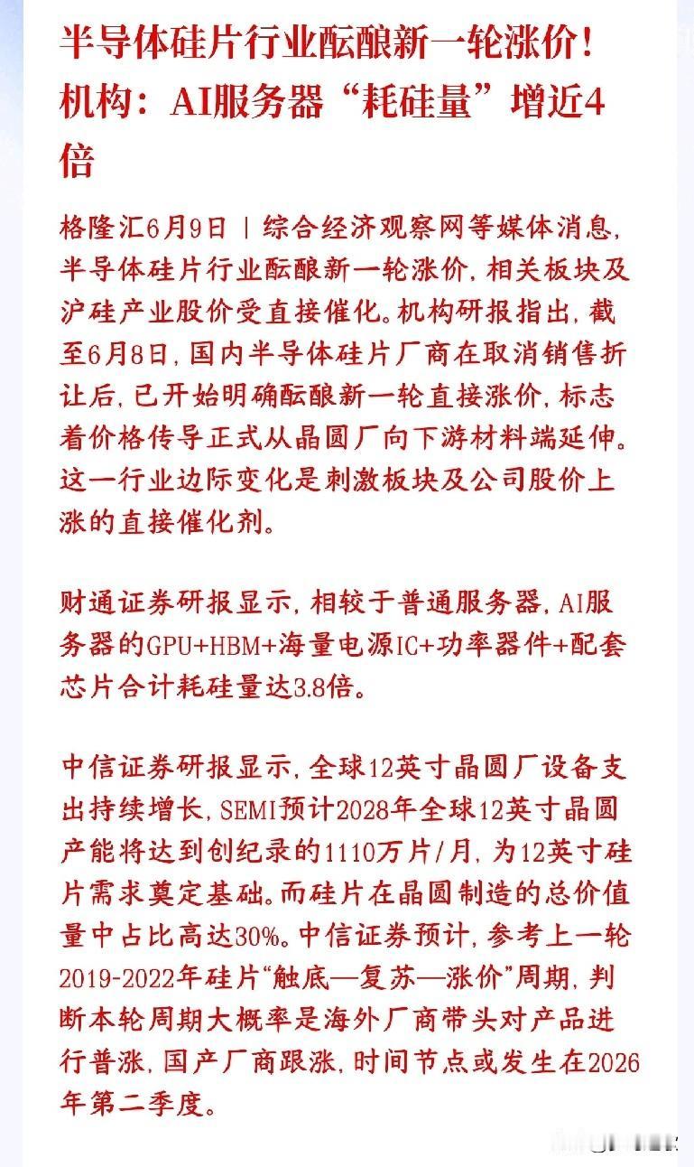 又是科技股的利好消息，半导体行业酝酿新一轮涨价，明天科技股稳了
硅片是做芯片的“