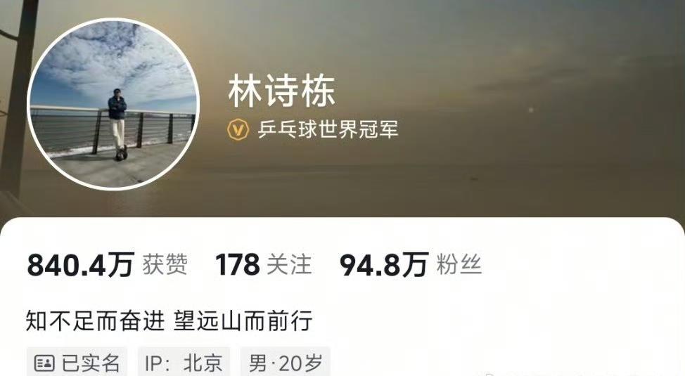 林诗栋自媒体个人简介更新！今天国乒小将林诗栋的自媒体账号的个人简介有了更新，显示