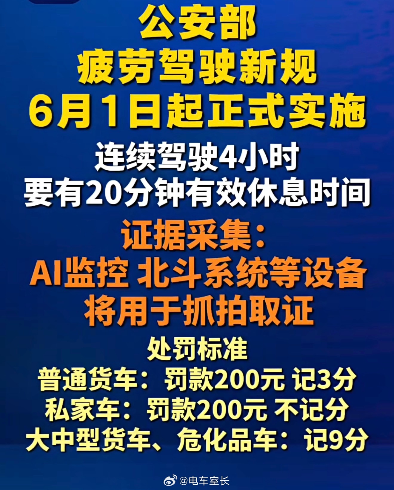 公安部疲劳驾驶新规6月1日起正式实施连续驾驶4小时需休息20分钟以上这个对大货车