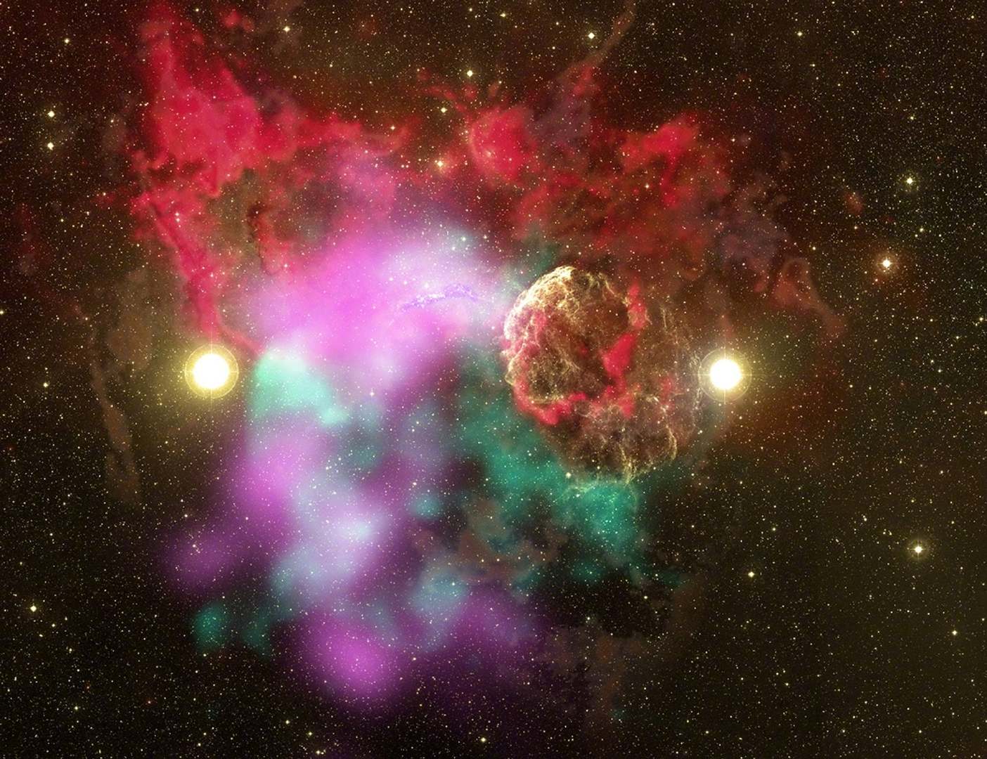 银河系里最大质量的恒星，大多不是独居的。它们两两结伴，甚至三五成群，被引力拴在同