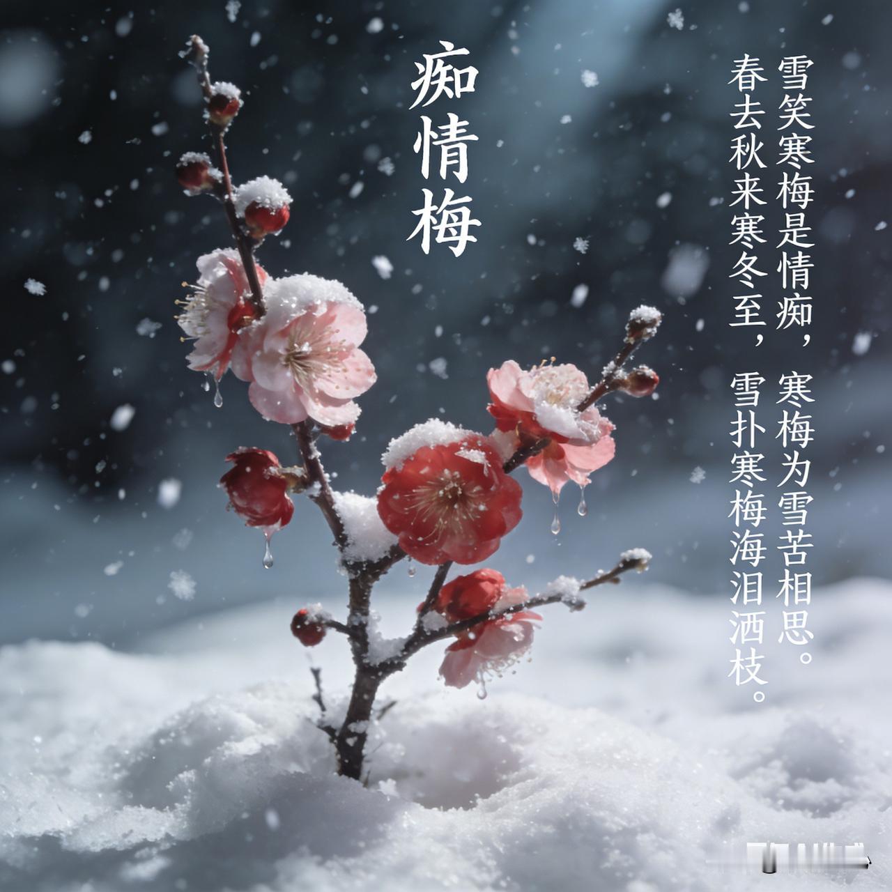 《痴情梅》乐韵诗心原创:
雪笑寒梅是情痴，
寒梅为雪苦相思。
春去秋来寒冬至，