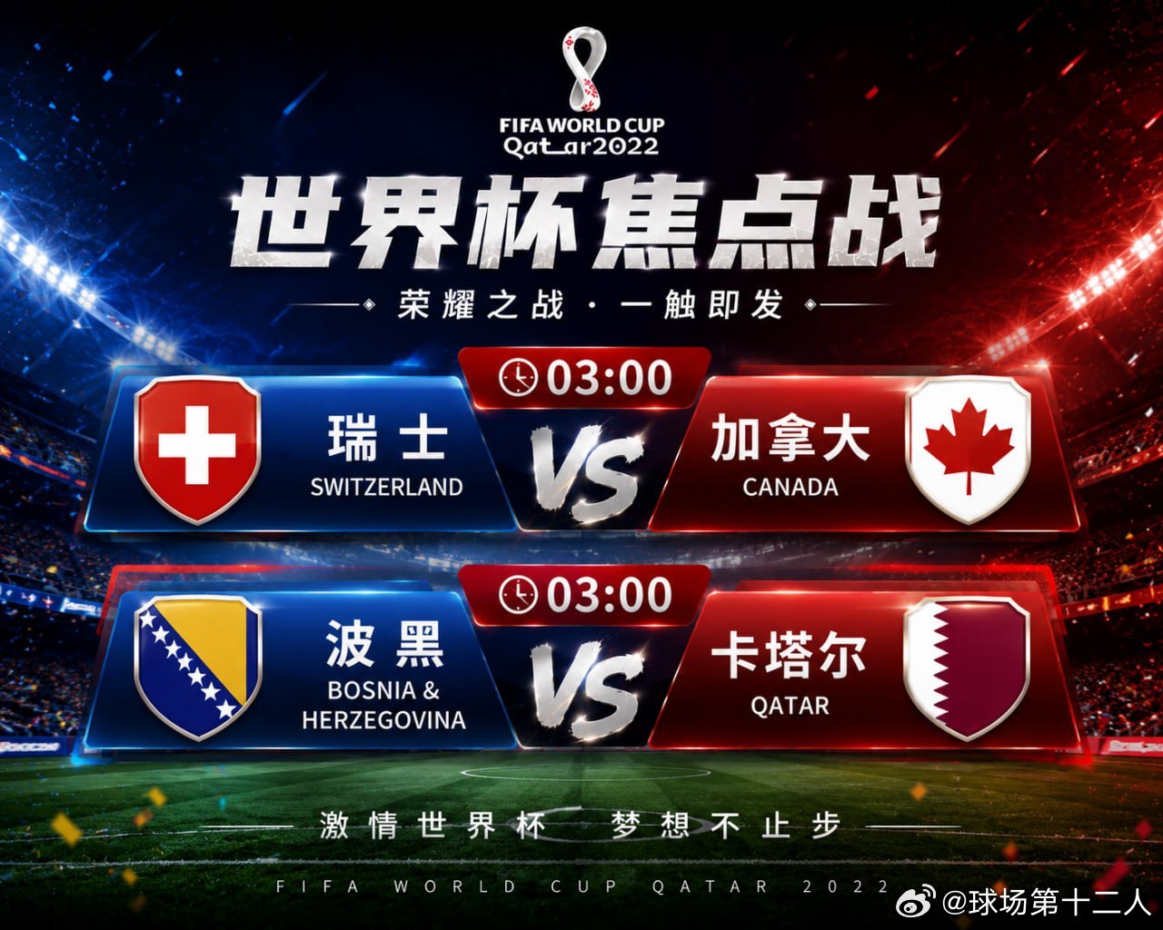 ⚽️ 世界杯焦点战⏰ 03:00🇨🇭 瑞士VS 加拿大🇨🇦🇧🇦 波黑
