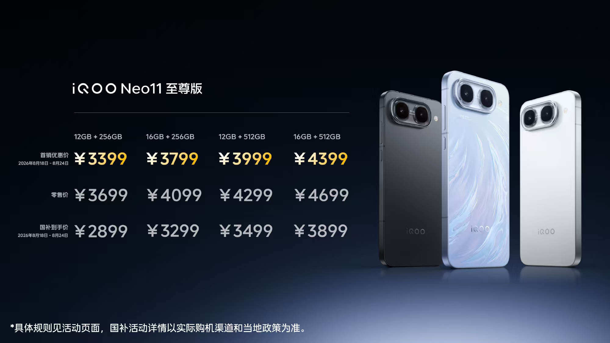 iQOONeo11至尊版3399元起，首销直接减300，国补后2899元起。前面