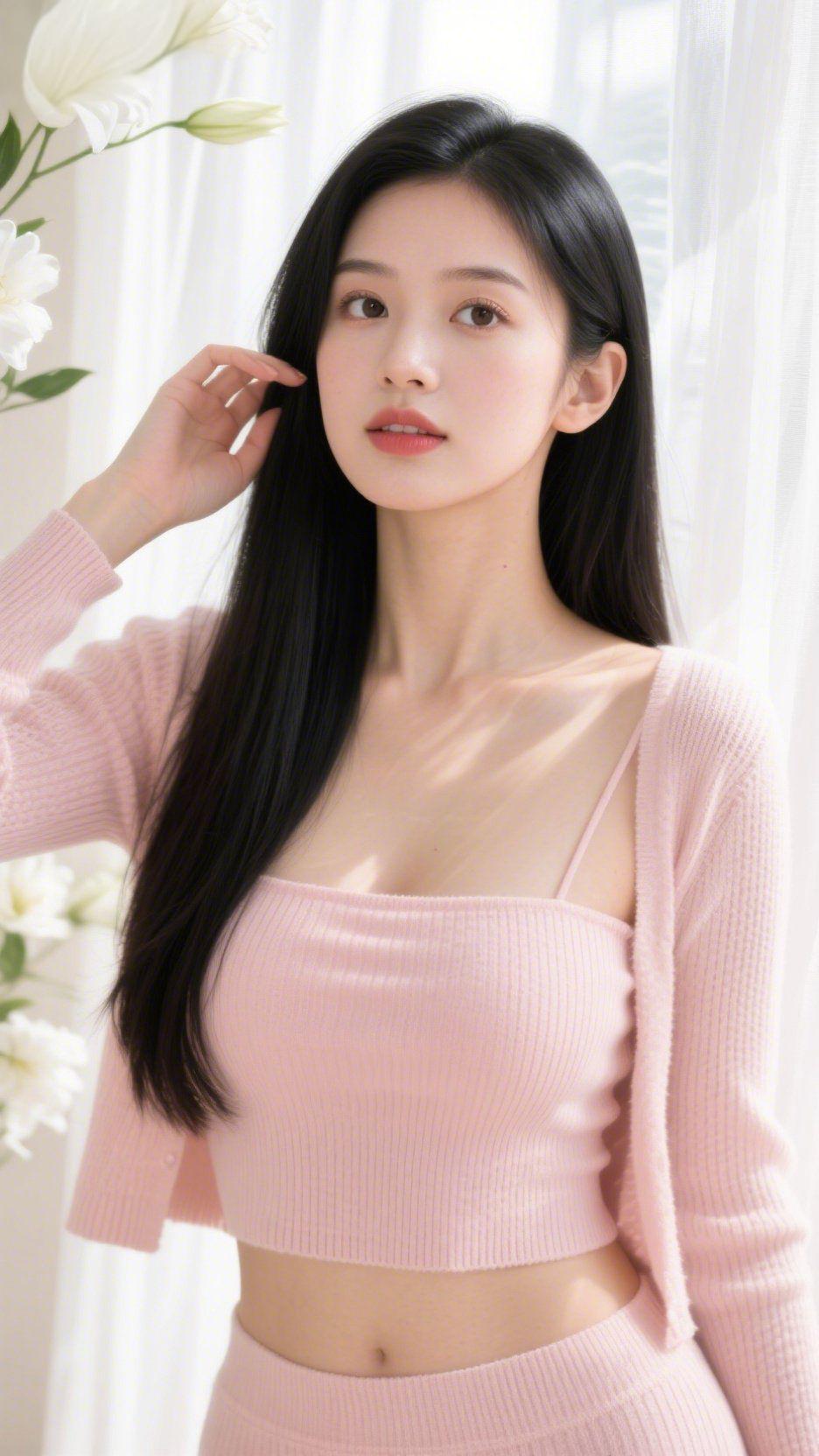 柔粉诉温柔
 
柔粉织就的衣衫，裹着春日般的软和。轻软的针织纹理，像揉碎的粉色云