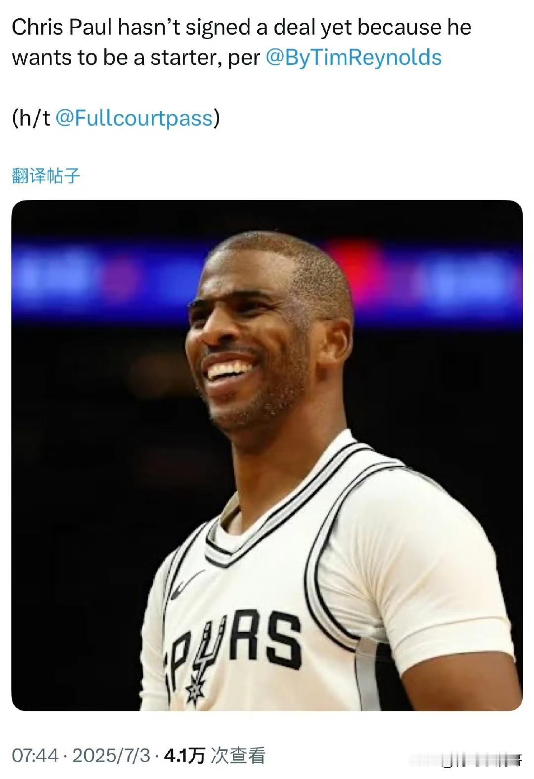 保罗还没有签约的原因找到了！！！保罗想成为球队的首发控卫！

根据记者Tim R
