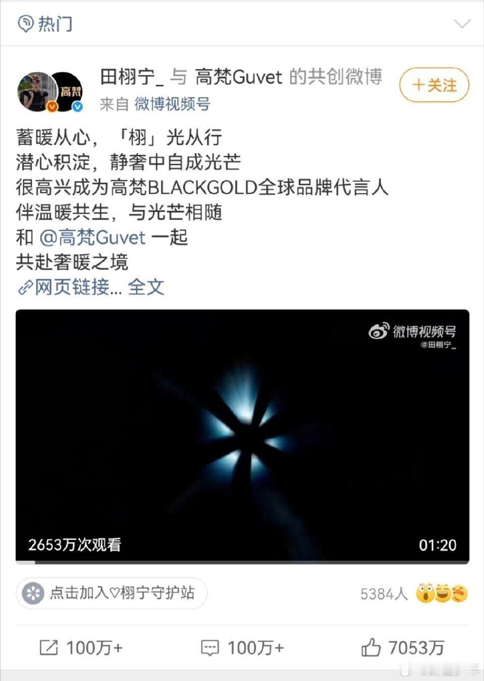 田栩宁单条点赞创历史记录田栩宁单条微博点赞7053万，创了历史纪录！这人气真是没