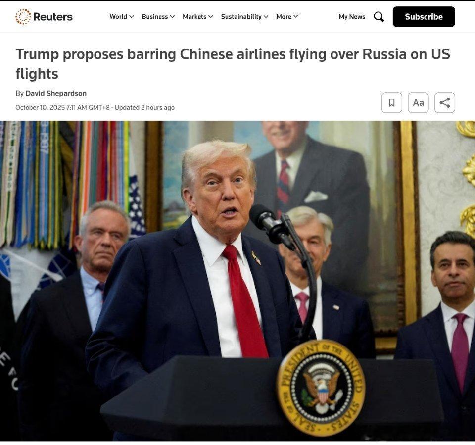 据路透社消息：特朗普政府提议禁止中国航空公司往返美国的航班飞越俄罗斯，理由是此举