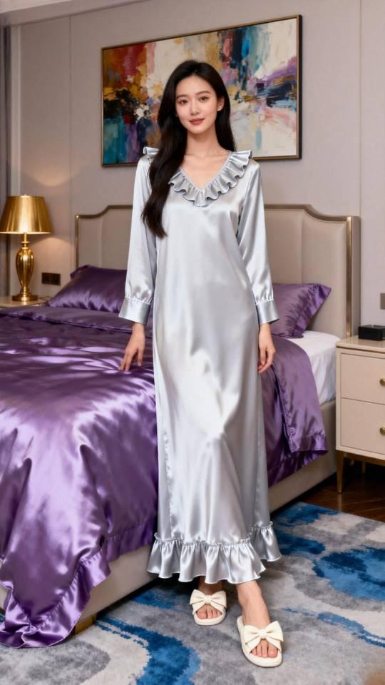 女性家居服展示———浅灰色晨袍。家居服 晨袍