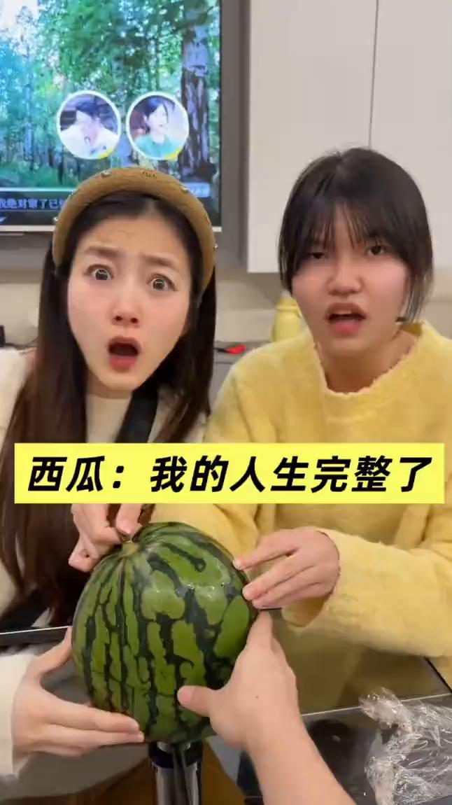 西瓜：我的人生完整了。
我买西瓜了，给大家买了个西瓜。完美融合，严丝合缝，瓜生完