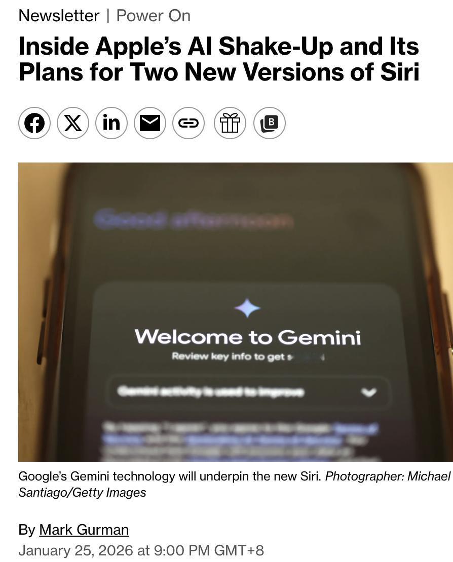 美媒：苹果AI大调整，与谷歌合作，推新Siri

苹果在AI领域进行重大调整，与