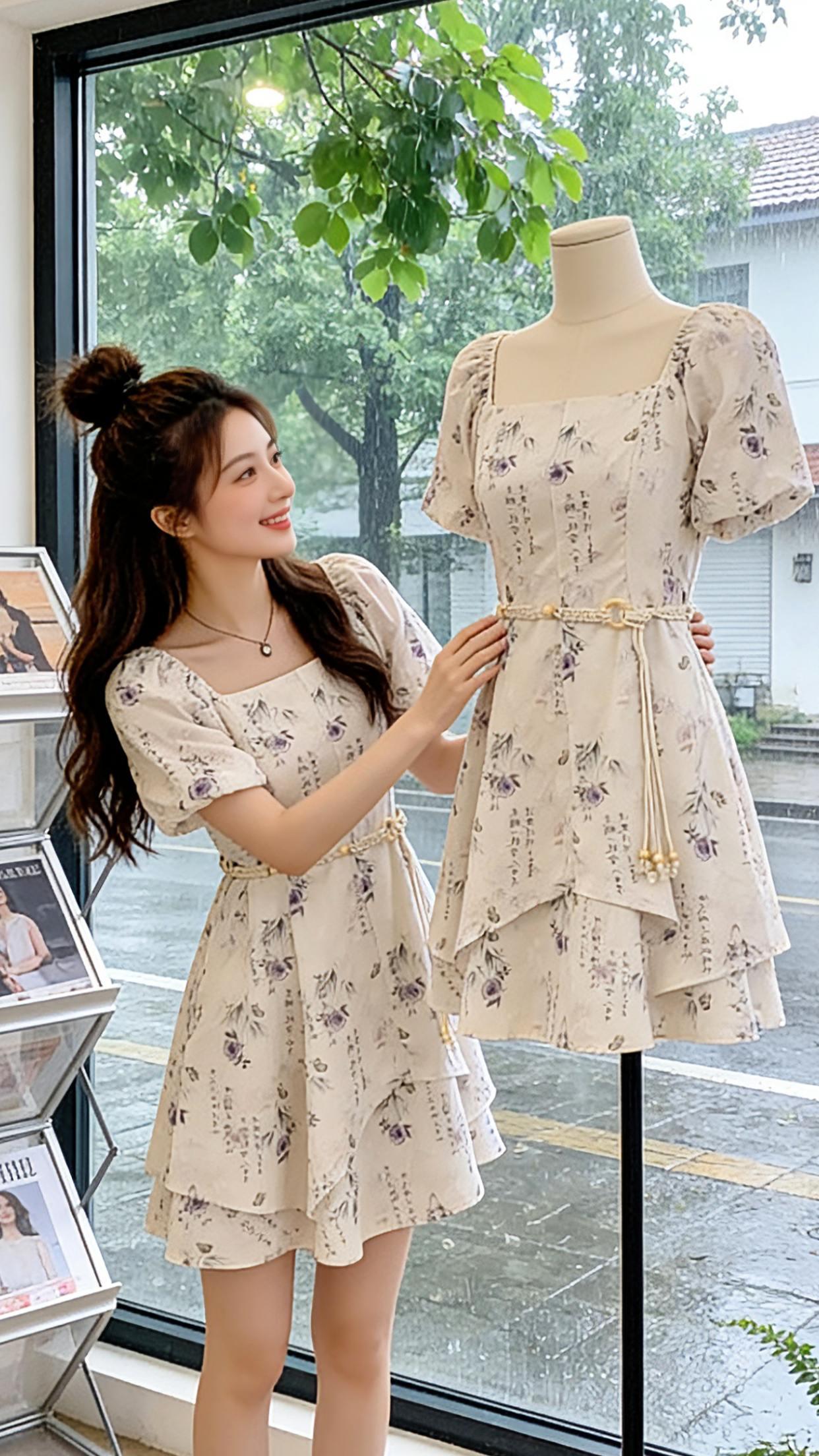 Danny私藏的夏日新中式美裙！水墨印花自带书卷氛围感，方领泡泡袖温柔藏肉，收腰