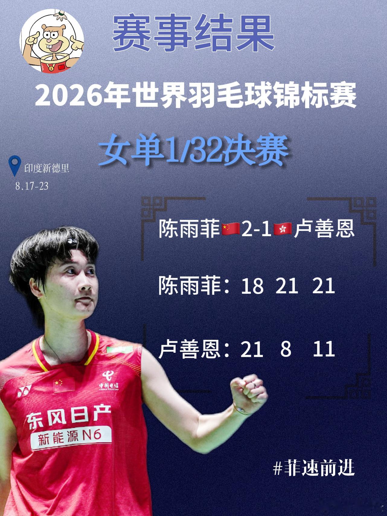 陈雨菲2比1卢善恩陈雨菲世锦赛开门红 2026年印度羽毛球世锦赛女单首轮，陈雨菲