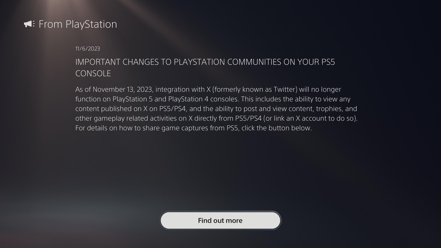 索尼PS4/5 游戏机 11 月 13 日起不再支持“一键分享到 X 平台”