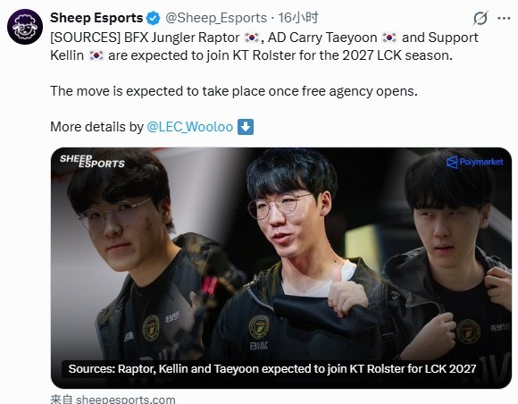 外媒Sheep Esports爆出猛料，近期刚拿下德杯冠军的Raptor、Kel