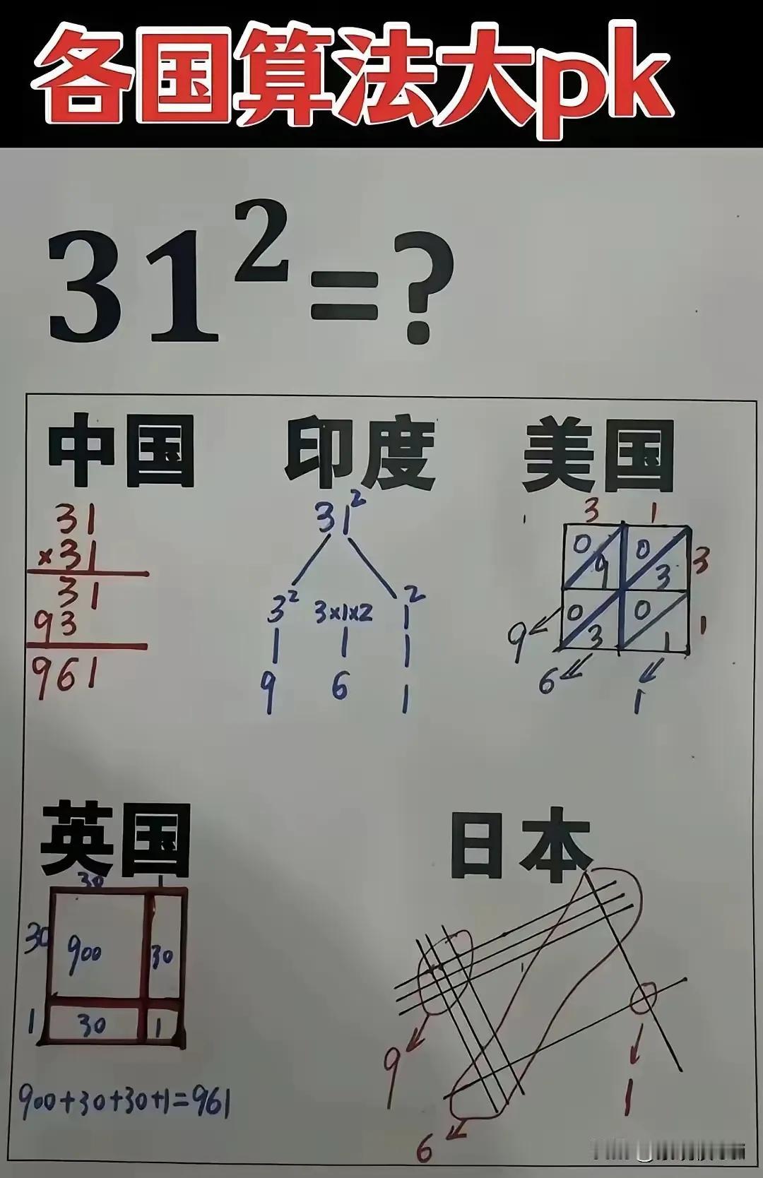 看到这图，才发现原来中国的数学真是简单明了，思路清晰，容易学容易教。
31²等于