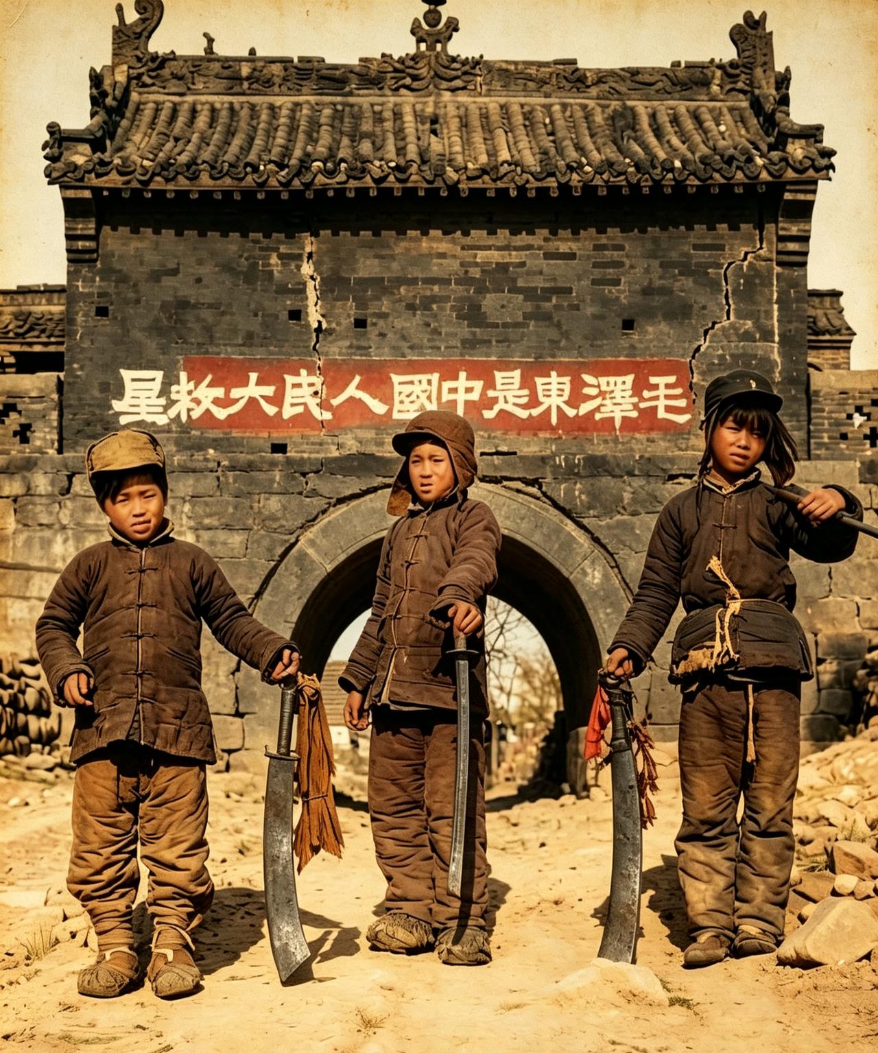 照片拍摄于1947年的华北解放区，三名儿童团的成员在一座县城的城门前合影。他们手