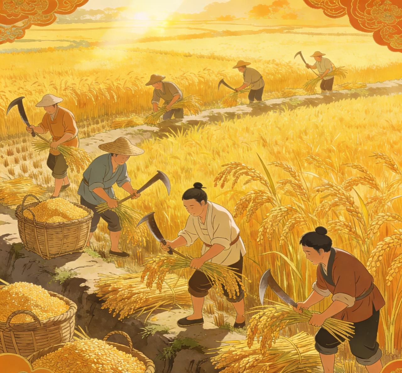 “春播”对“秋收”是季节与农事的对应，“千亩稻”是播种的规模，“万担粮”是丰收的