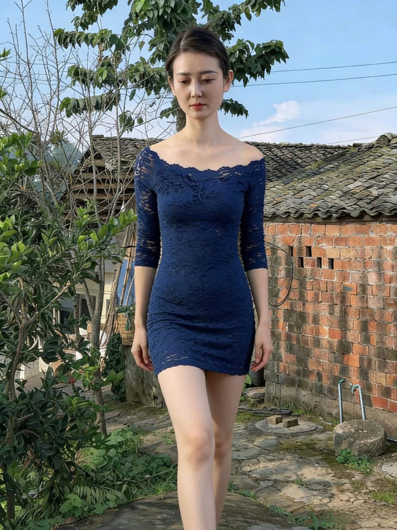 砖瓦房的灰瓦翻着旧时光
蓝裙是坠在风里的一片深海
蕾丝的纹路绕着肩颈
像溪水漫过