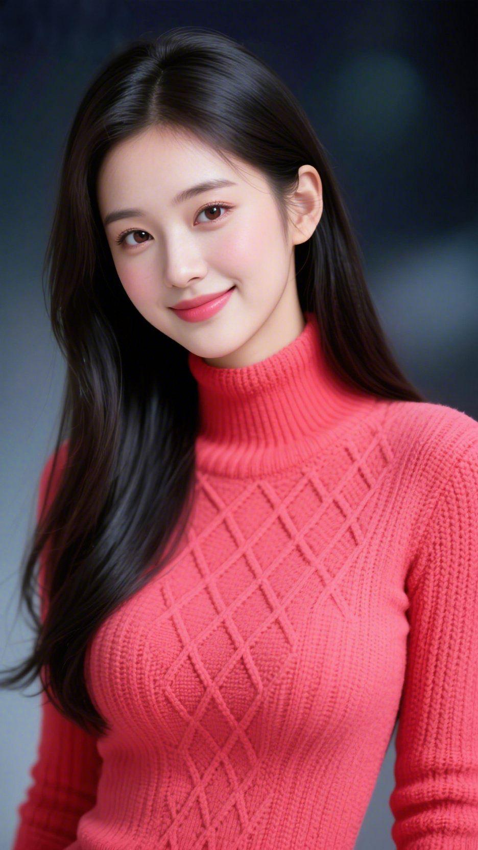 《绯衫栖柔暖》
 
绯色高领针织裹着软润的暖，菱格纹理将细碎的光织进绒线，周身浸