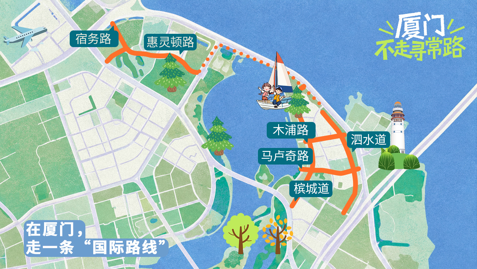 厦门的国际氛围感自带从容漫步厦门五缘湾，你会发现有些道路名“不走寻常路”。因为这