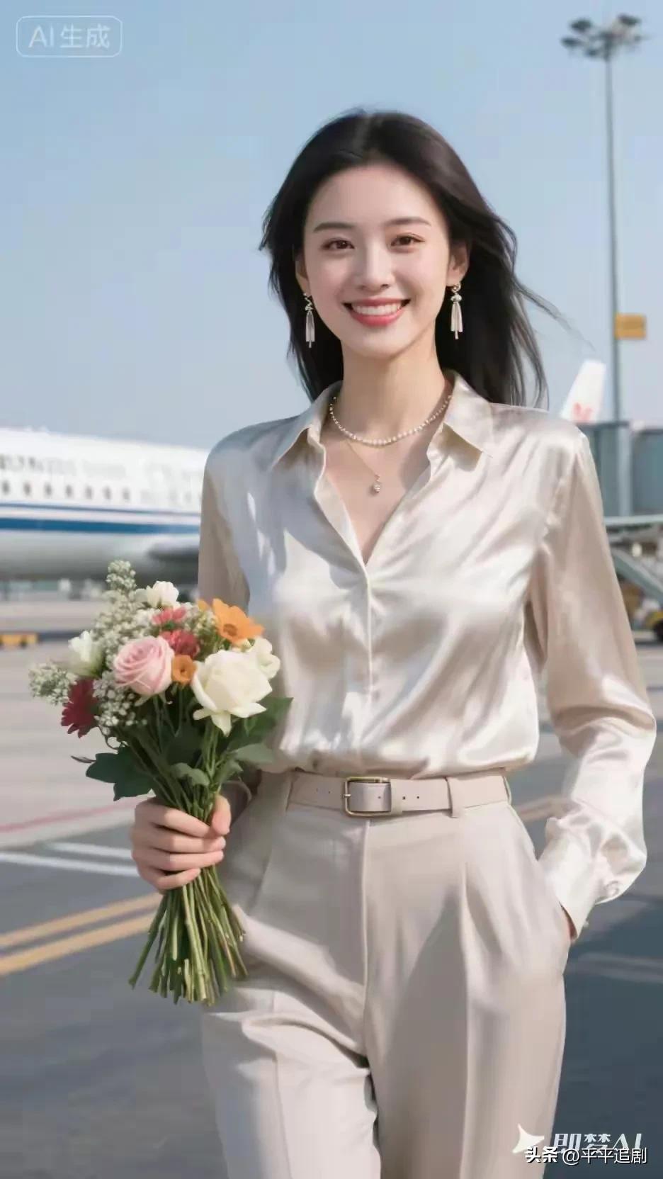 成熟稳重的美女你喜欢吗?
机场的风裹着花香，香槟色衬衫衬得眉眼明亮。
手捧花束奔